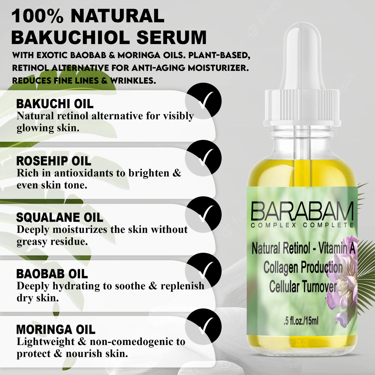 100% Natural Bakuchiol Serum + Exotic Baobab & Moringa Oils